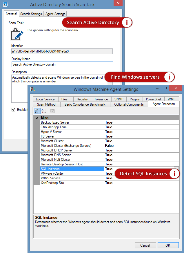 Screenshot of Active Directory search and detection settings in the XIA Configuration Client