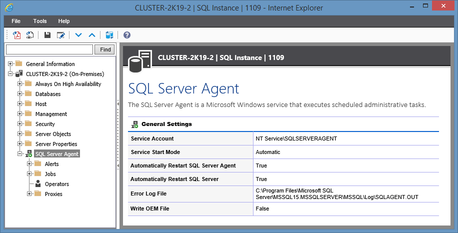 Screenshot showing SQL Server Agent settings in the XIA Configuration web interface