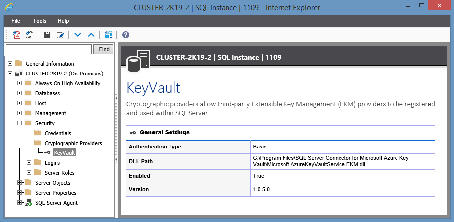 Screenshot showing Cryptographic Provider settings in the XIA Configuration web interface