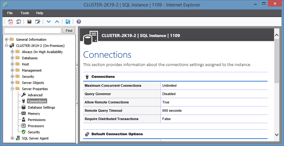Screenshot showing Connection settings in the XIA Configuration web interface