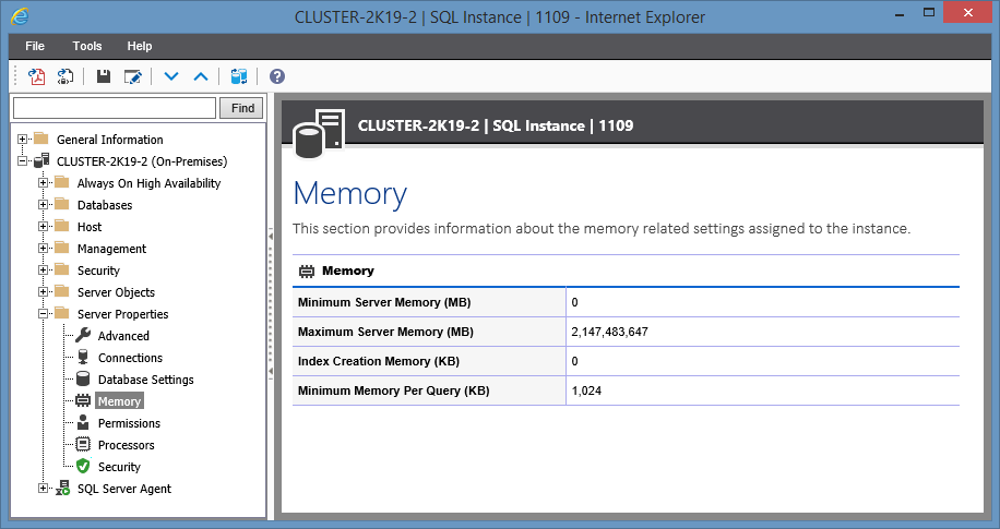 Screenshot showing Memory information in the XIA Configuration web interface