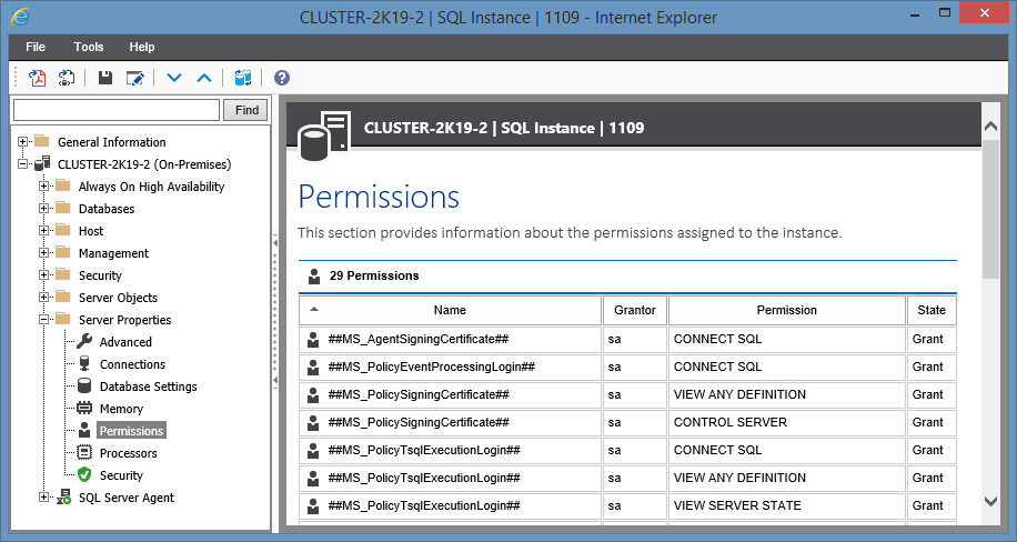 Screenshot showing Permissions in the XIA Configuration web interface