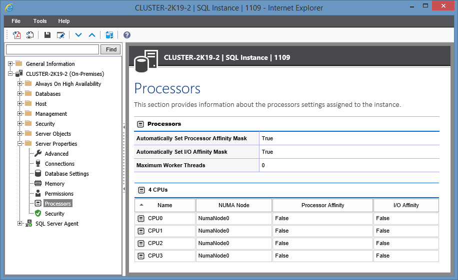 Screenshot showing Processor information in the XIA Configuration web interface