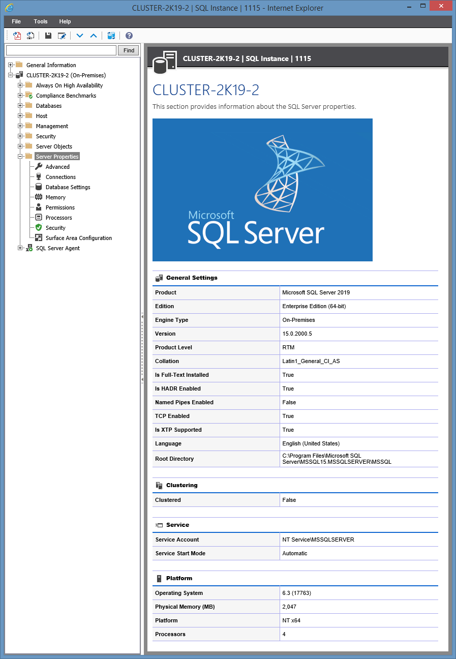 Screenshot showing Server Properties in the XIA Configuration web interface