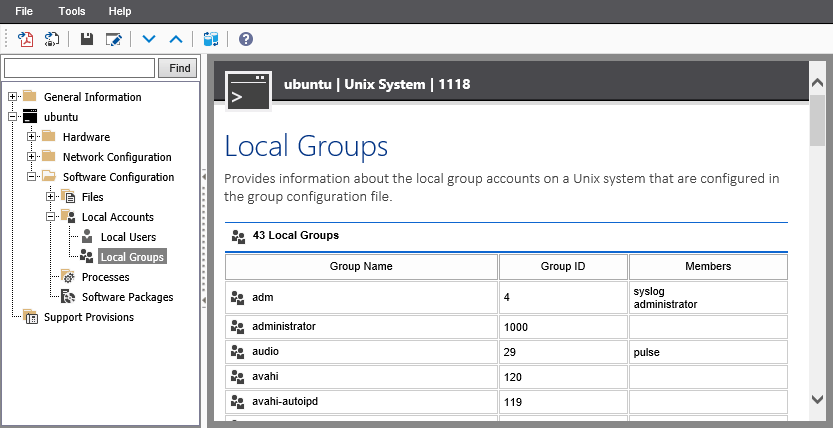 A screenshot showing Unix local group accounts