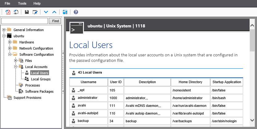 A screenshot showing Unix local user accounts