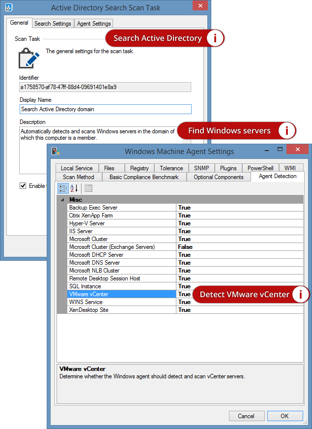 Screenshot of Active Directory search and detection settings in the XIA Configuration Client