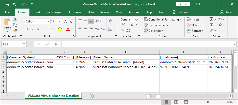 Virtual Machines Detailed Summary report viewed in Excel
