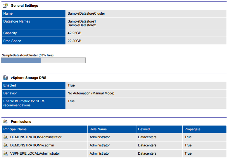 Screenshot of datastore cluster configuration in a document generated by XIA Configuration