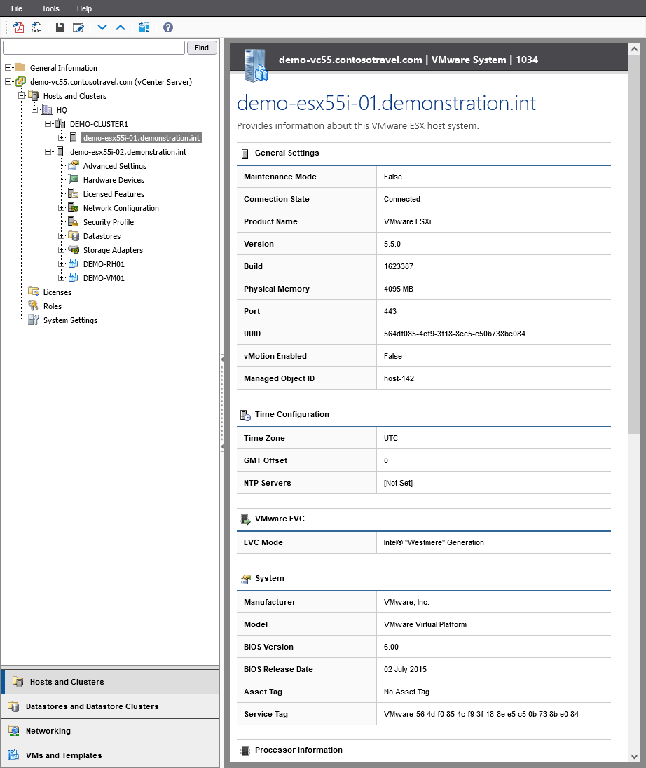 Screenshot of VMware host information in the XIA Configuration web interface