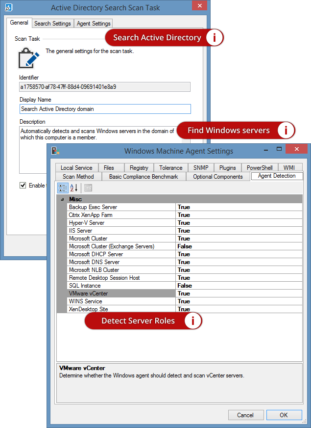 A screenshot showing Active Directory search and detection settings in the XIA Configuration Client