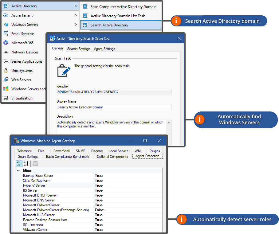 Screenshot of Active Directory search and detection settings in the XIA Configuration Client