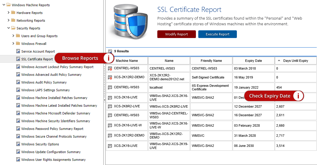 Screenshot showing the expiry dates of SSL certificates in the XIA Configuration web interface