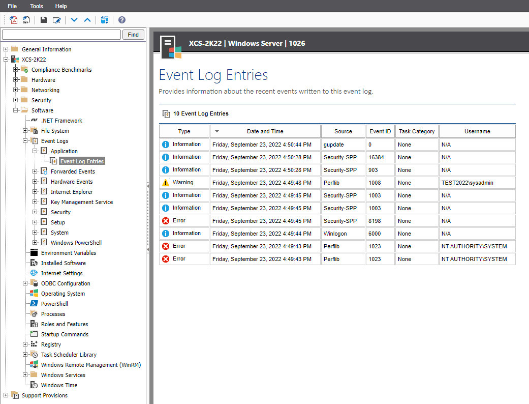 Screenshot showing event log entries in the XIA Configuration web interface