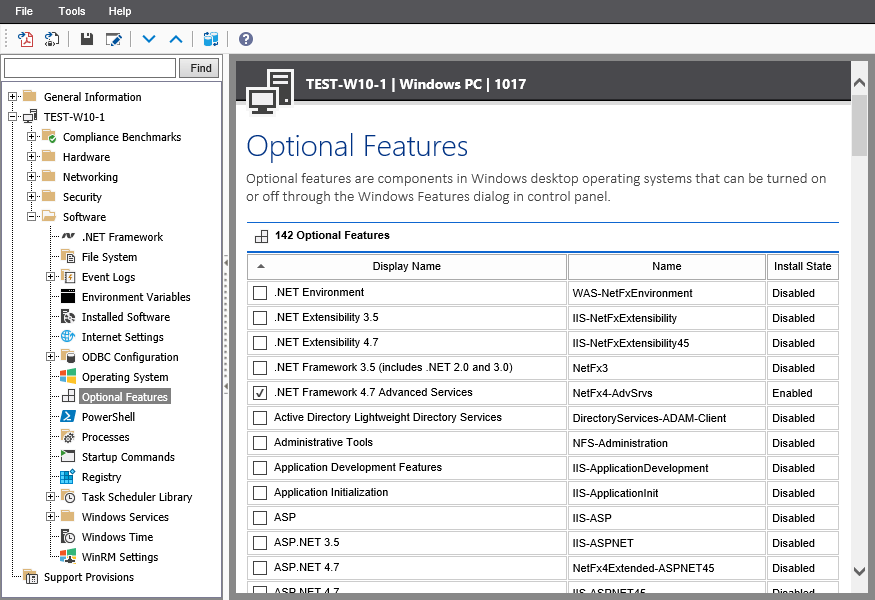 Screenshot showing desktop Optional Features in the XIA Configuration web interface