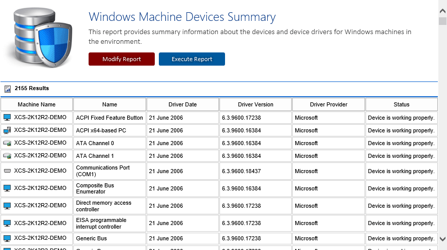 Screenshot of the Windows Machine Devices Summary Report in the XIA Configuration web interface