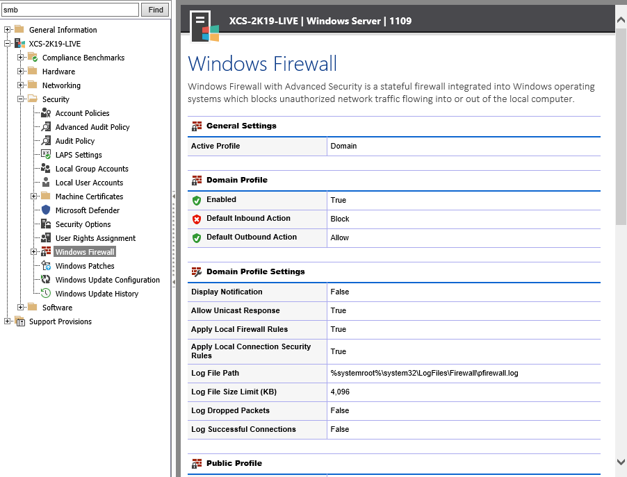 Screenshot showing Windows firewall settings in the XIA Configuration web interface