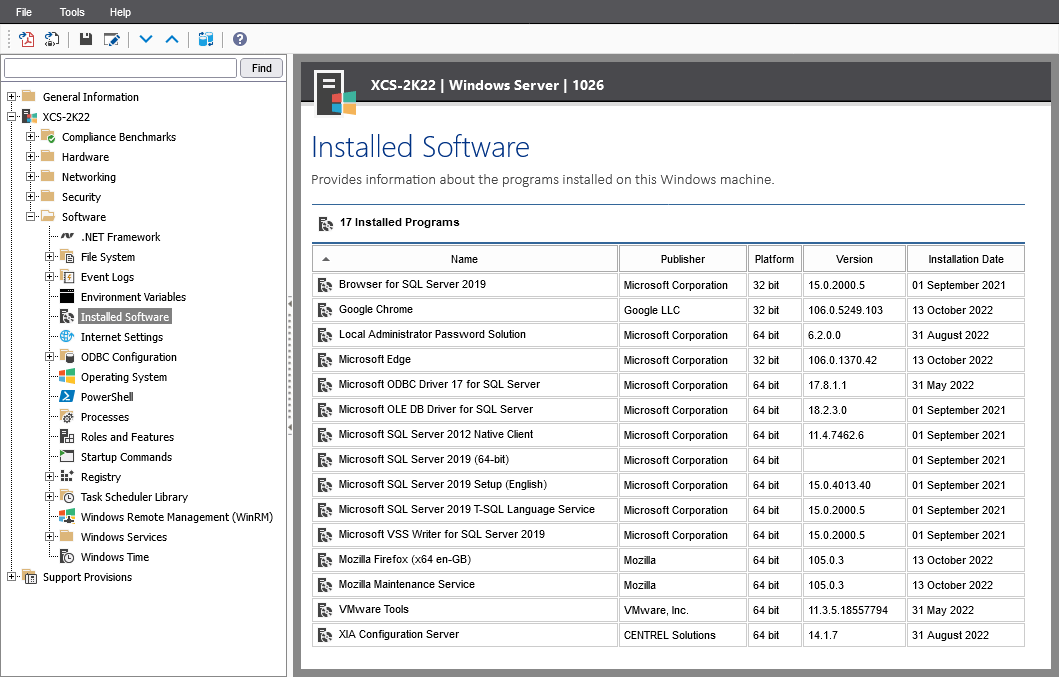 Screenshot showing Installed Software in the XIA Configuration web interface