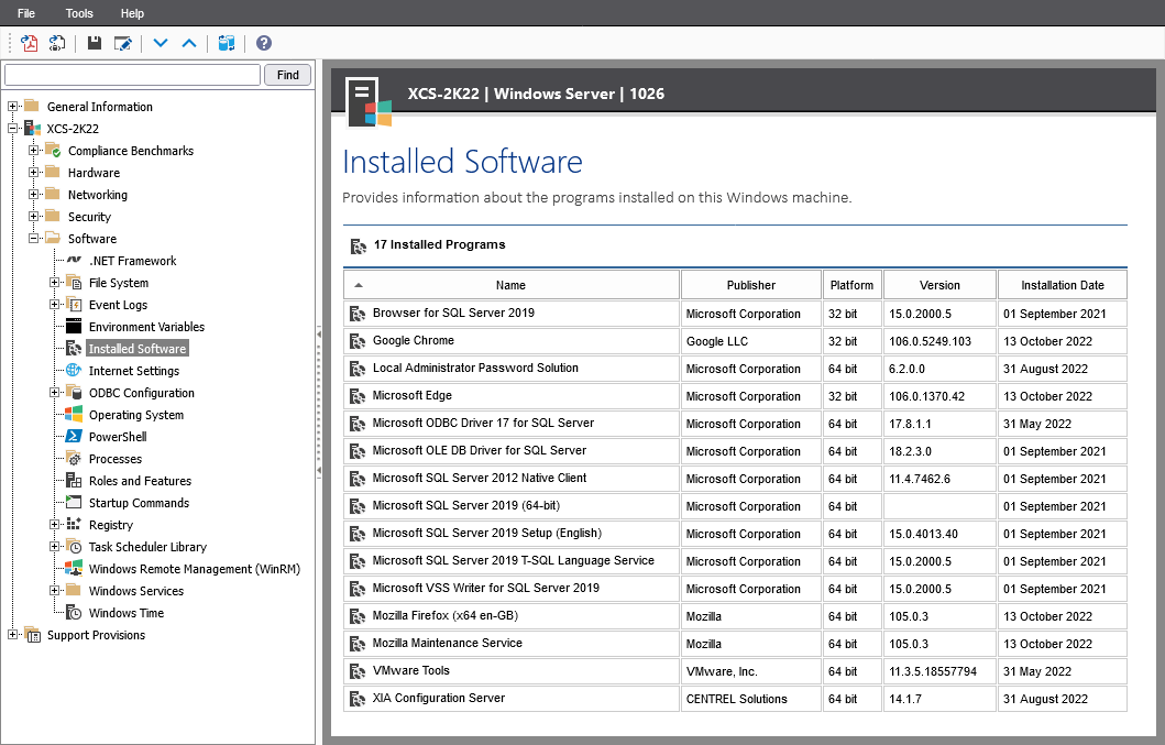 Screenshot showing installed software in the XIA Configuration web interface