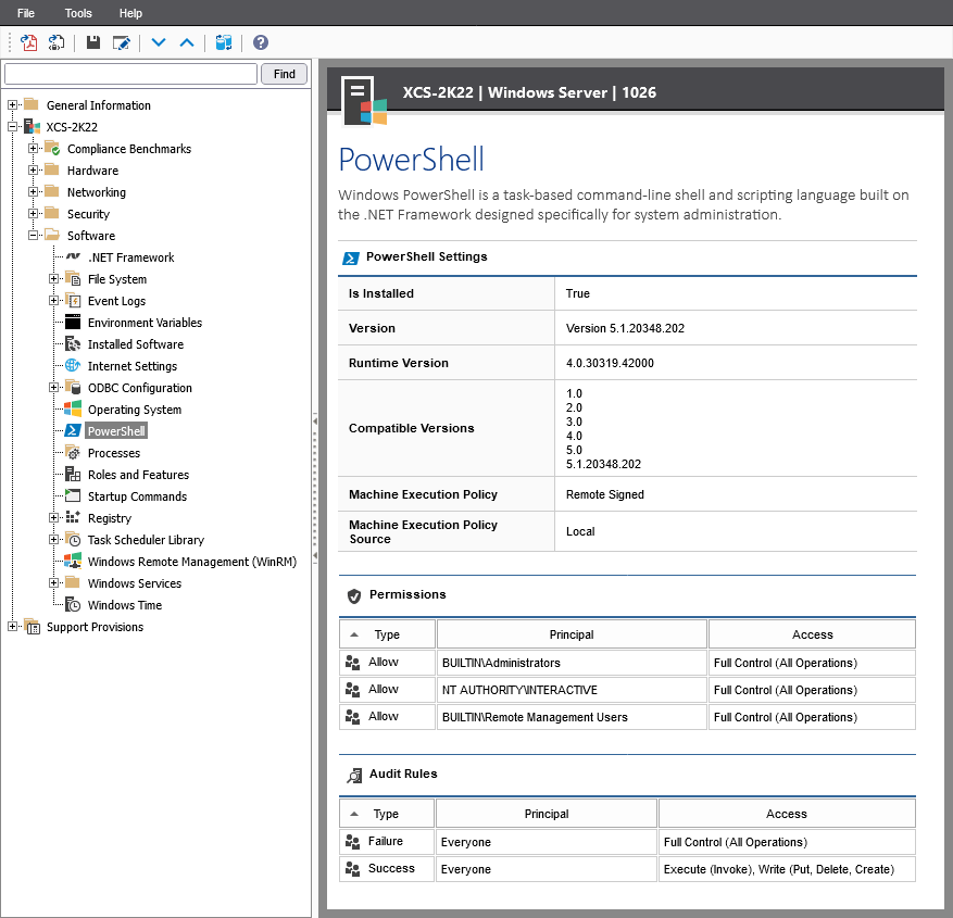 Screenshot showing PowerShell versions installed in the XIA Configuration web interface