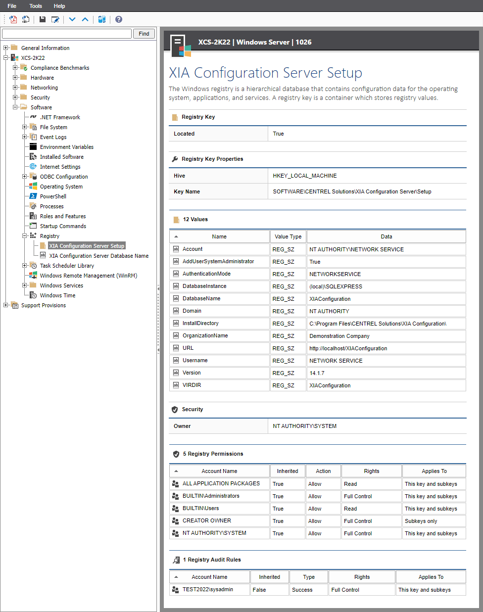 Screenshot of Windows Registry Key information in the XIA Configuration web interface