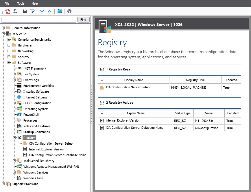 Screenshot of Windows machine registry keys and values in the XIA Configuration web interface