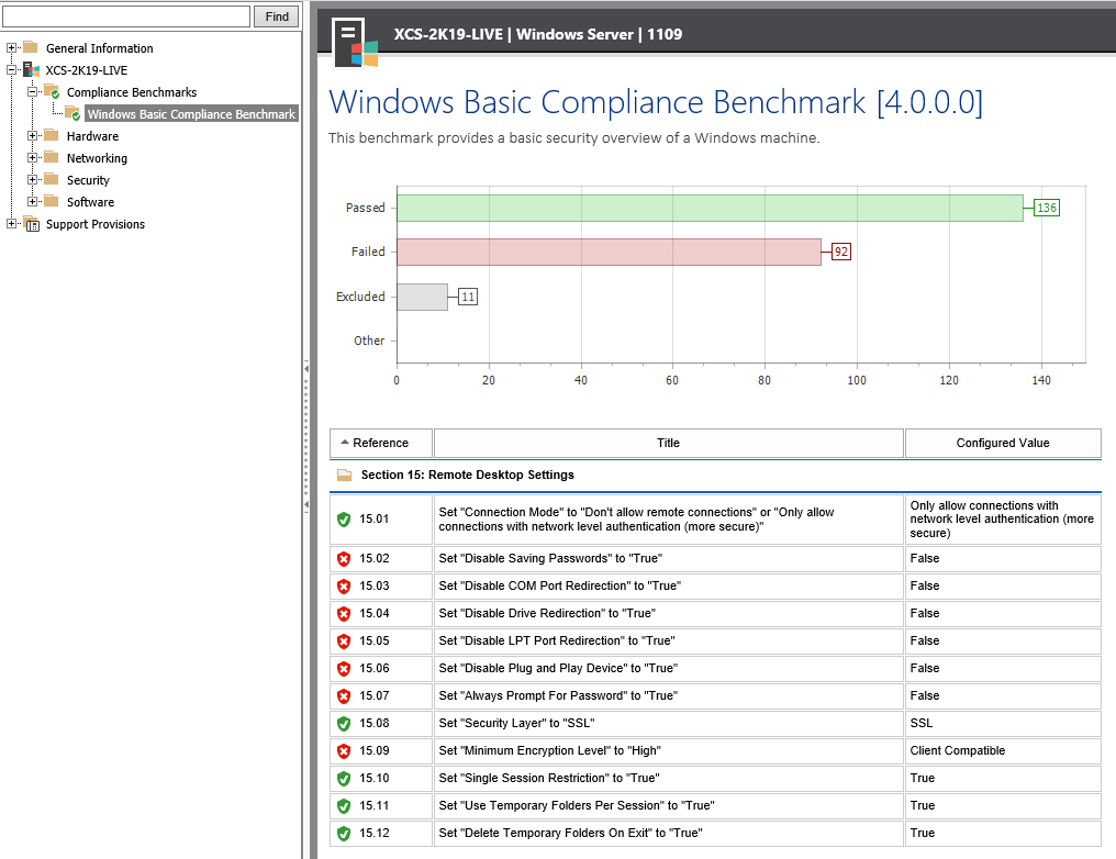 Screenshot of the Remote Desktop Settings compliance benchmark results in the XIA Configuration web interface