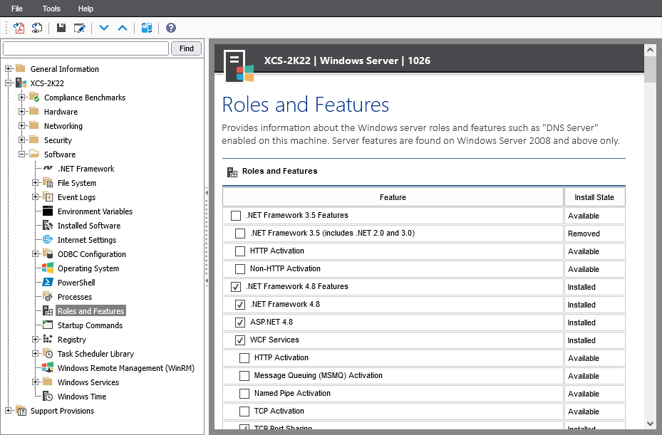 Screenshot showing server Roles and Features in the XIA Configuration web interface