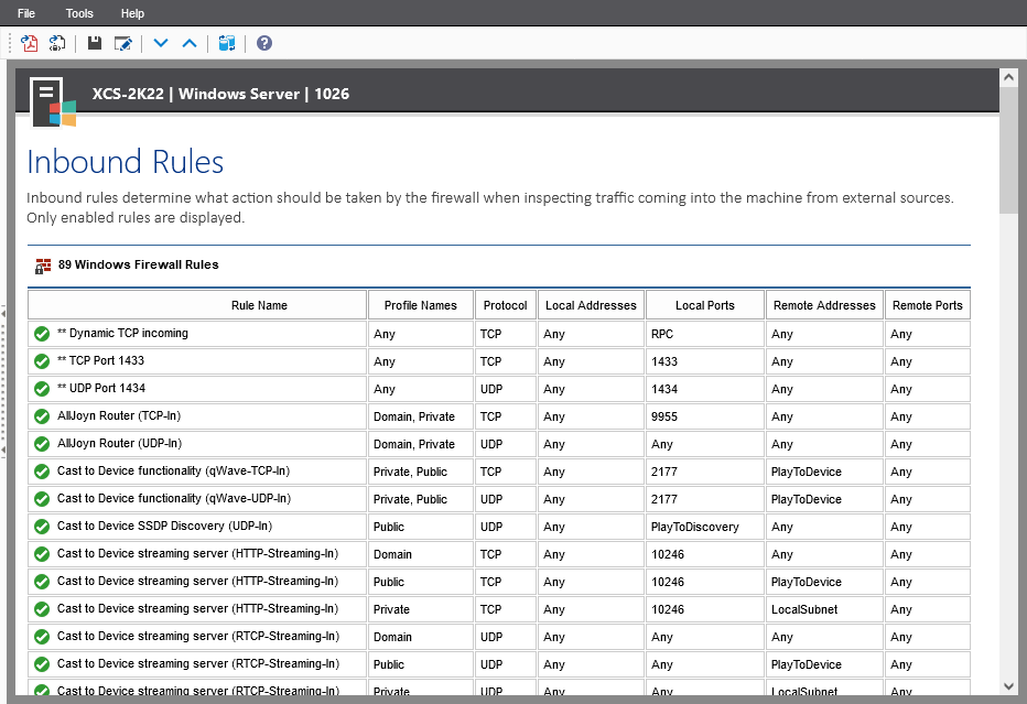 Screenshot of Windows Firewall Inbound Rules in the XIA Configuration web interface