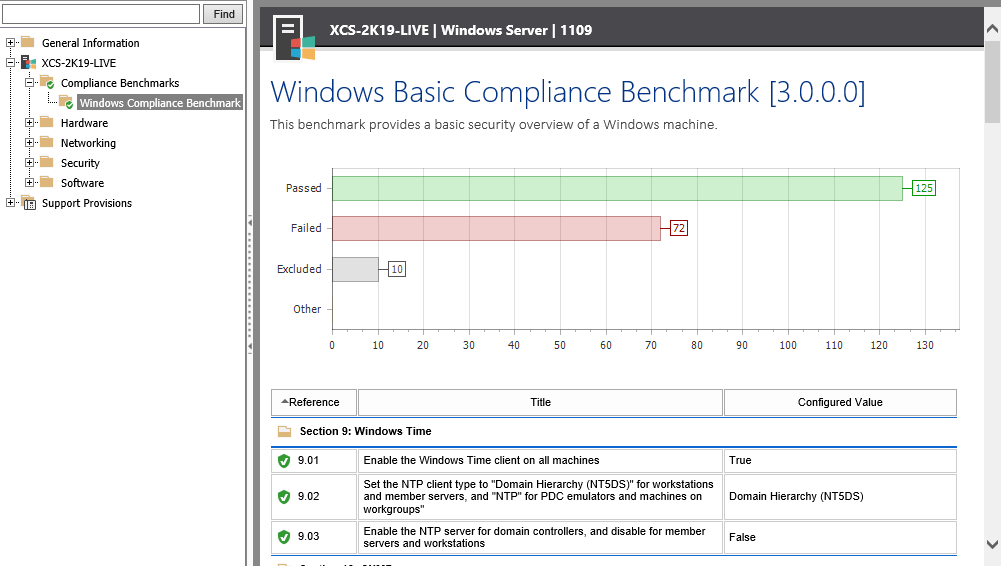 Screenshot of the Windows Time compliance benchmark results in the XIA Configuration web interface