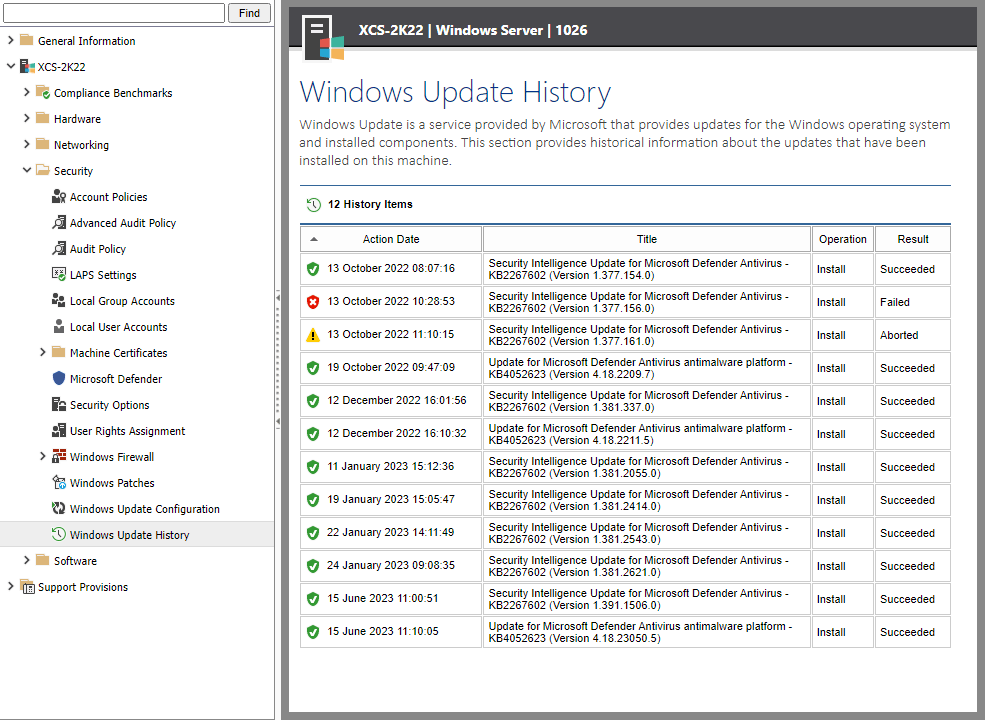 A screenshot showing Windows update history