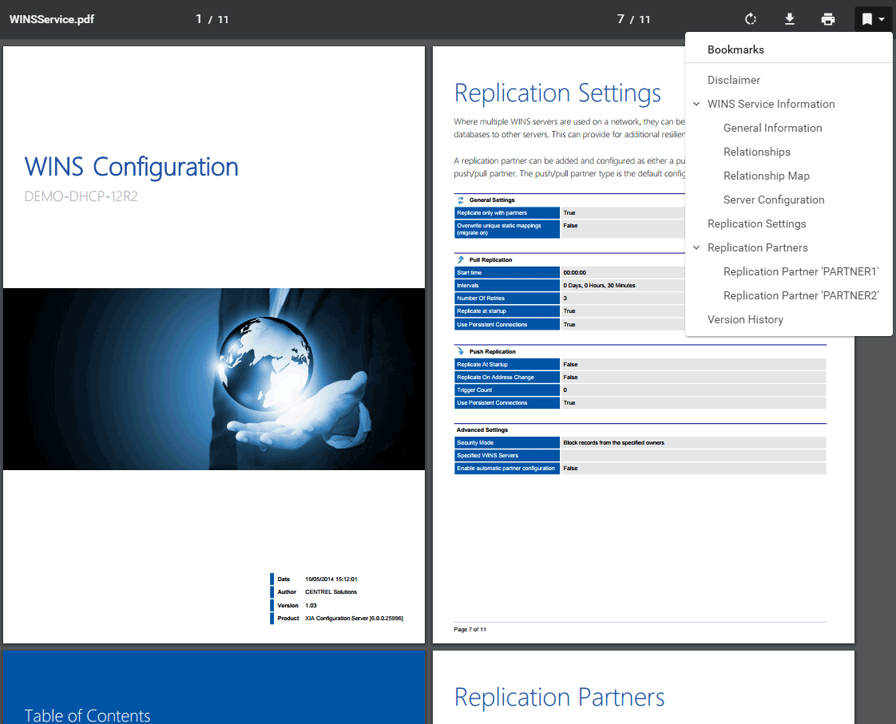 WINS documentation example generated by XIA Configuration