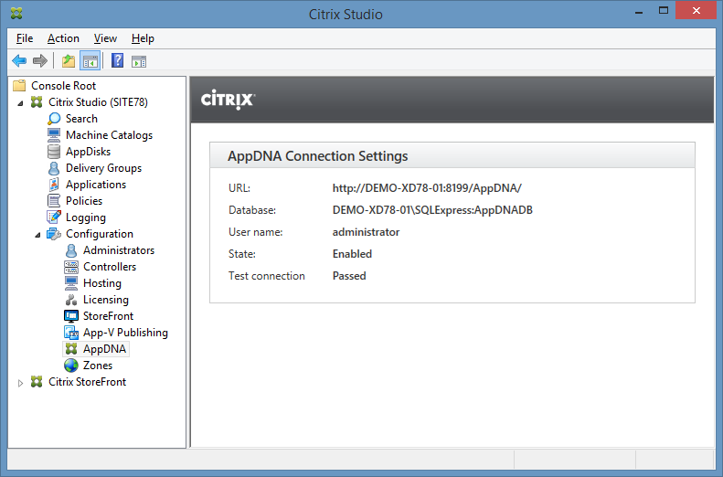 Screenshot of Citrix Studio showing AppDNA connection settings