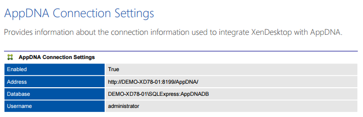 Screenshot of AppDNA connection settings in a document generated by XIA Configuration