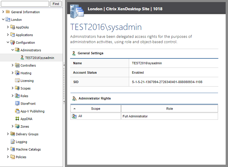 Screenshot showing Citrix XenDesktop site administrators in the XIA Configuration web interface