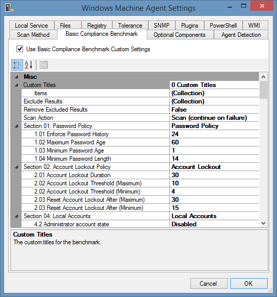 Screenshot of custom compliance benchmark settings in the XIA Configuration Client