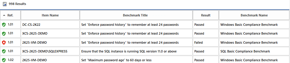 Screenshot of Compliance Benchmark results in the XIA Configuration web interface