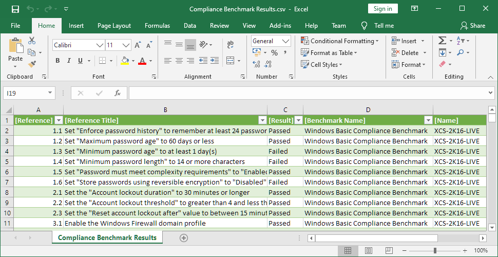Screenshot of the Compliance Benchmark Results report in Microsoft Excel
