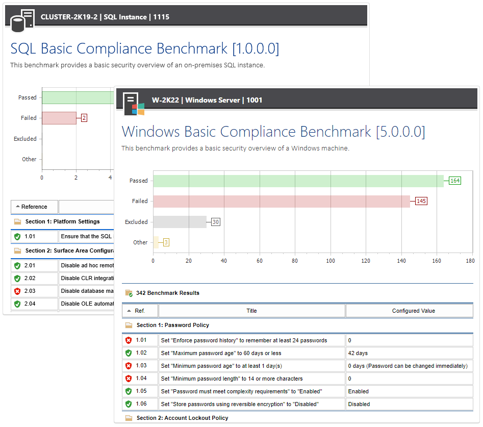 Screenshots of the SQL and Windows Compliance Benchmarks in the XIA Configuration web interface