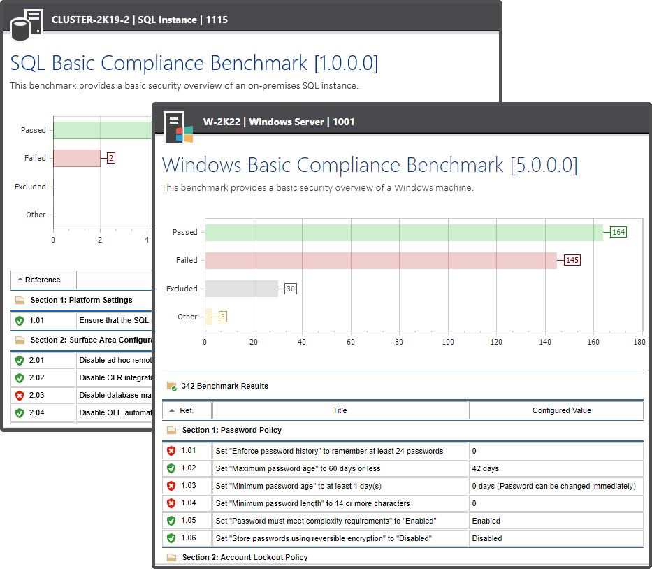 Screenshots of the SQL and Windows Compliance Benchmarks in the XIA Configuration web interface