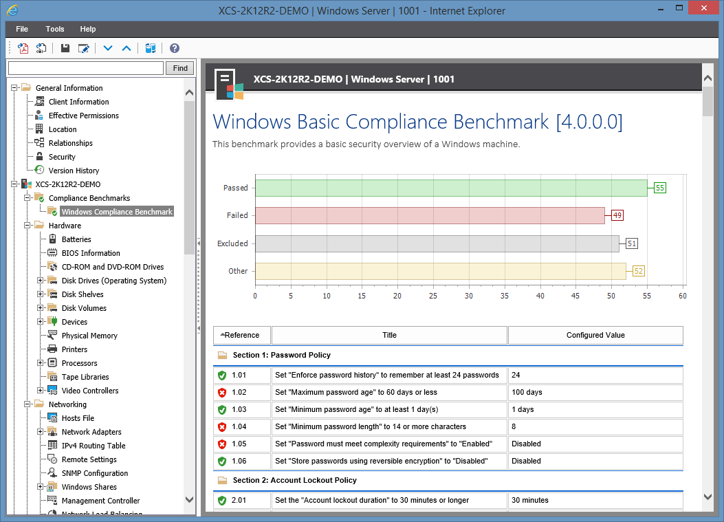 Screenshot of the Windows basic compliance benchmark in the XIA Configuration web interface