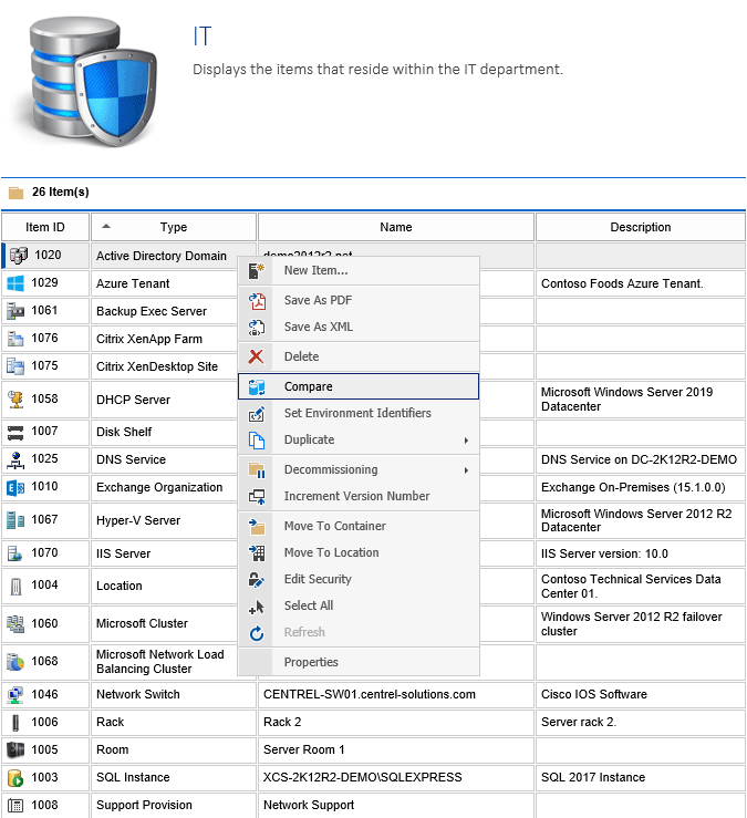 Screenshot showing the item comparison feature in the XIA Configuration web interface