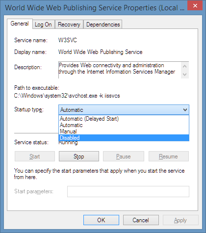 Screenshot showing the World Wide Web Publishing service is disabled