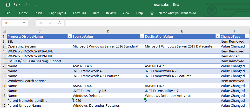 Screenshot of comparison results in Excel