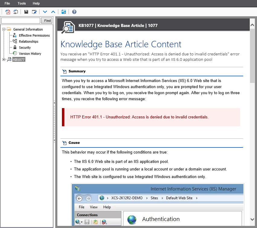 Screenshot showing the contents of a knowledge base article in the XIA Configuration web interface