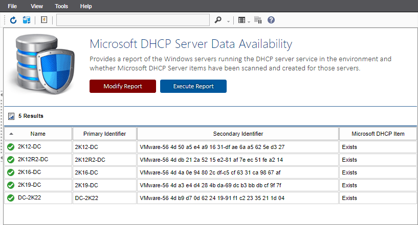 Screenshot of the DHCP data availability report in the XIA Configuration web interface