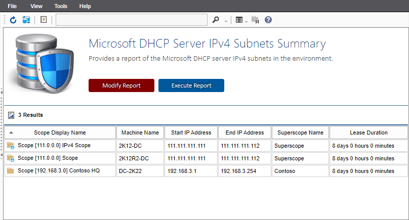 Screenshot of the DHCP subnets summary report in the XIA Configuration web interface