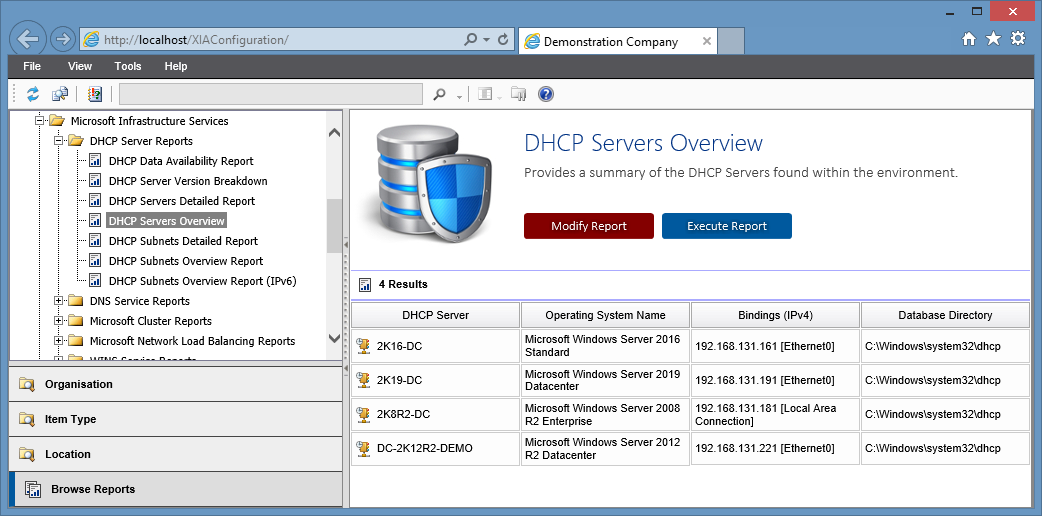 Screenshot showing the DHCP servers overview report in the XIA Configuration web interface
