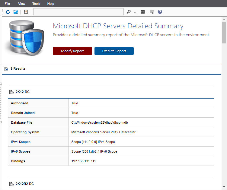 Screenshot of the DHCP servers detailed summary report in the XIA Configuration web interface