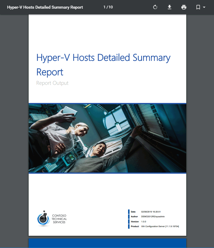 Screenshot of the Hyper-V hosts detailed summary report cover